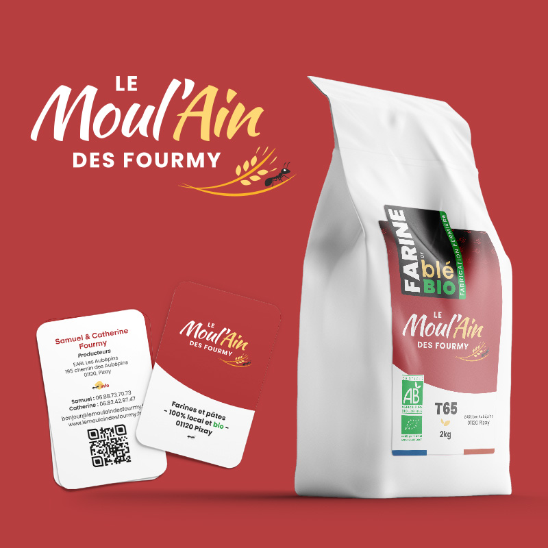 Paquet de farine et identité visuelle du Moul'Ain des Fourmy